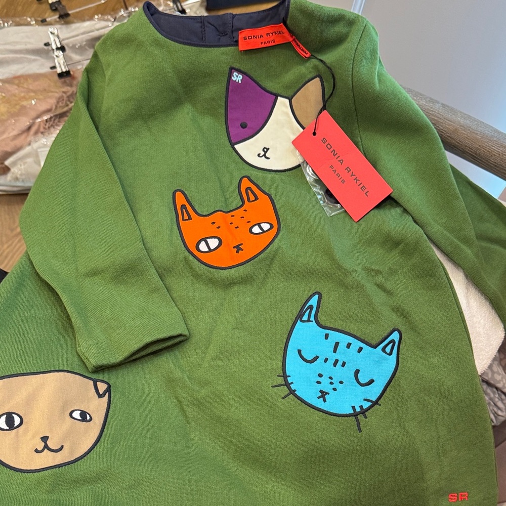 Sonia Rykiel Green Long-Sleeve Dress with Colorful Cat Appliqués-Brand New